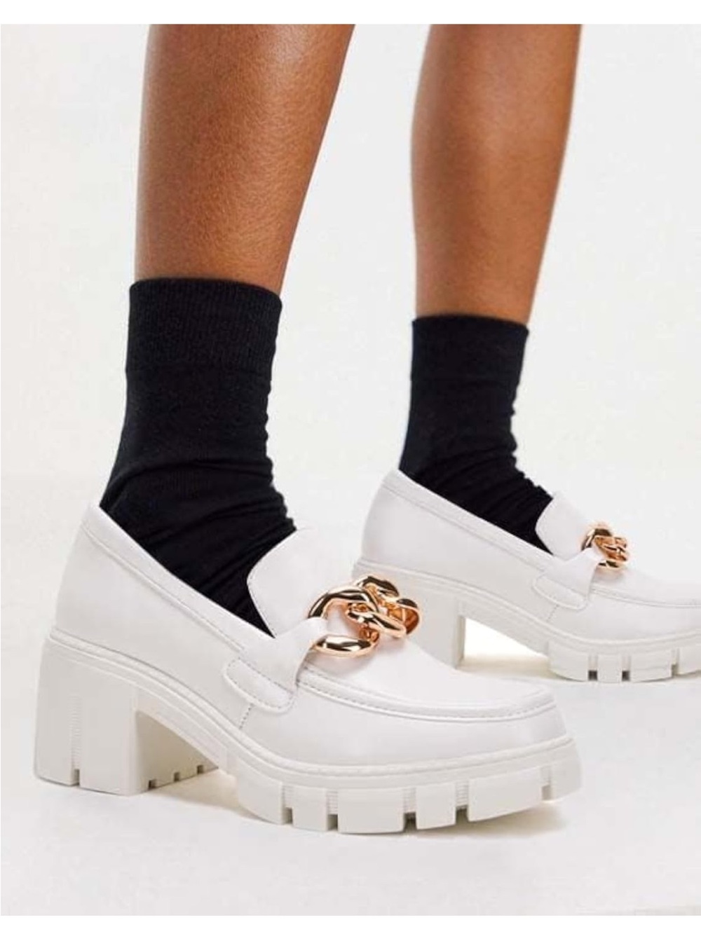 Women’s White Chunky Heel Loafers with Gold Chain Accent